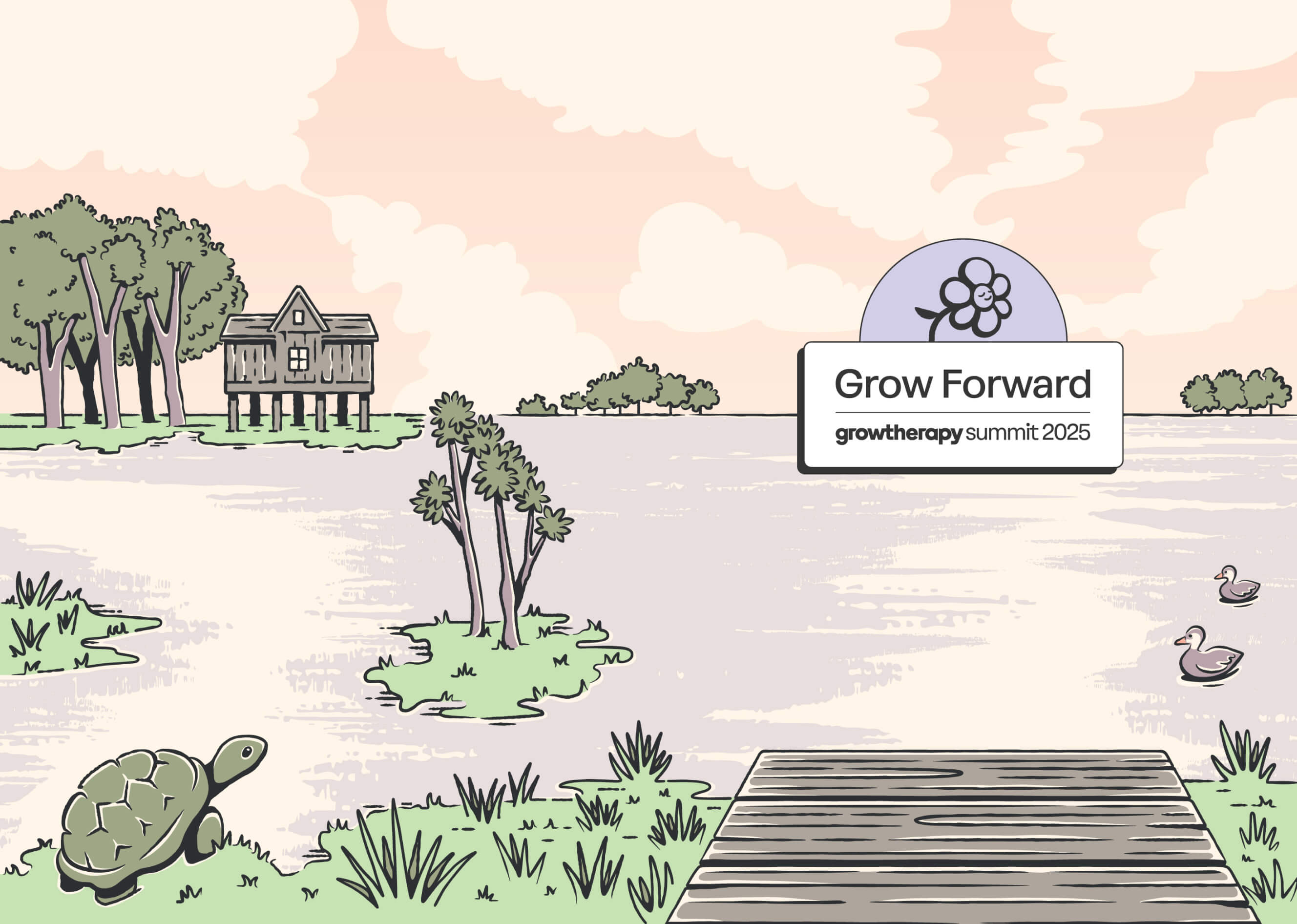 The full notebook illustration for Grow Forward. A wetlands landscape with a view off a pier, swimming ducks, trees, a tortoise, and a cabin. The Grow Forward logo its atop the illustration on the right side.