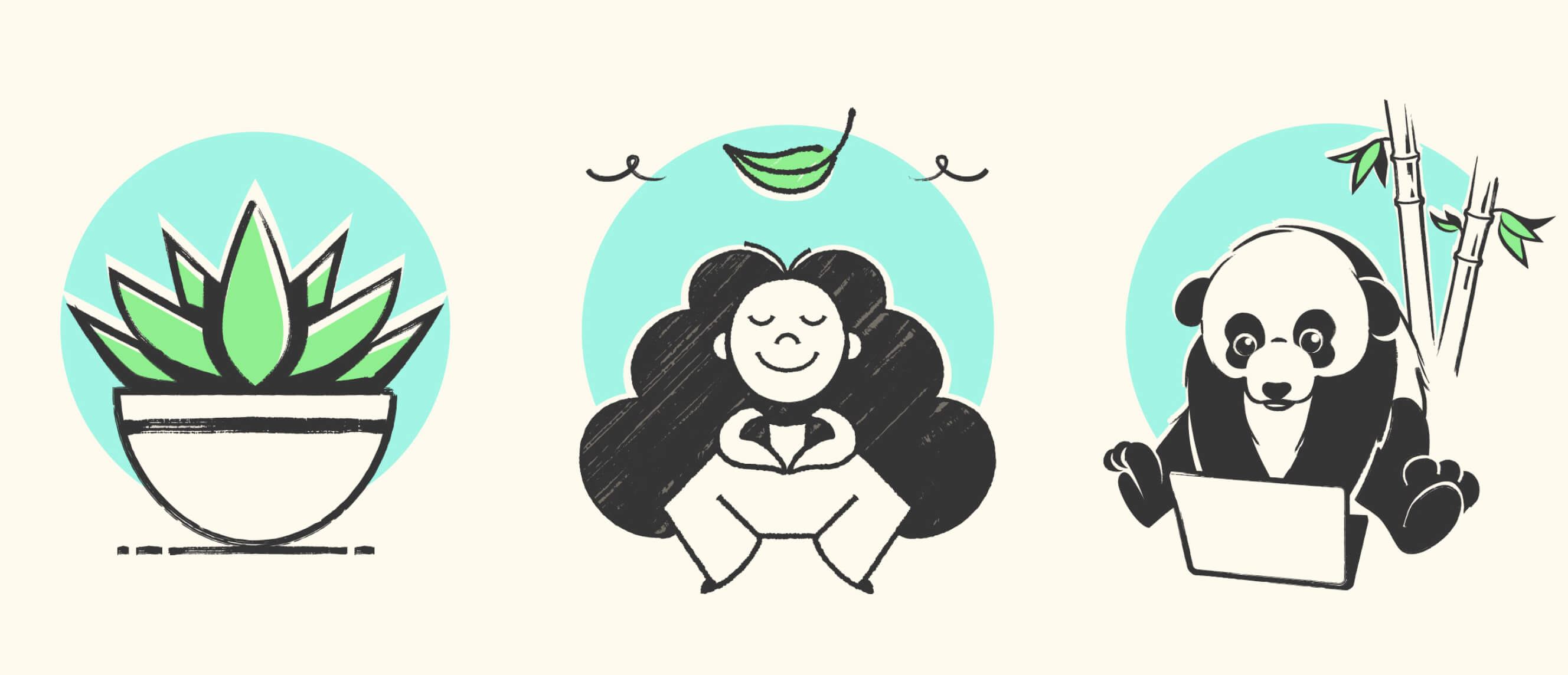 Illustrations of an aloe plant, a person with long hair breathing in with a leaf above them, and a panda on a laptop next to bamboo.